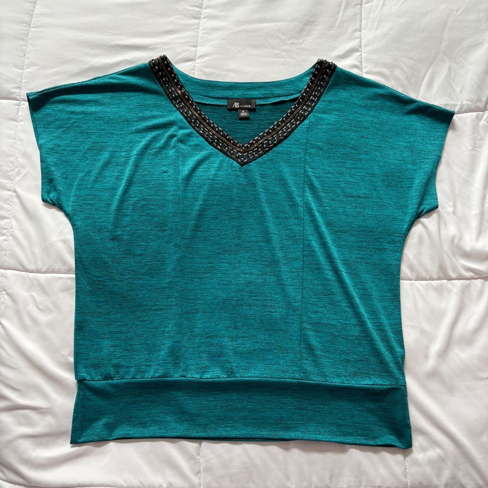 AB‎ Studio Womens Teal Space Dye V-Neck Beaded Embellished Dolman Top Medium